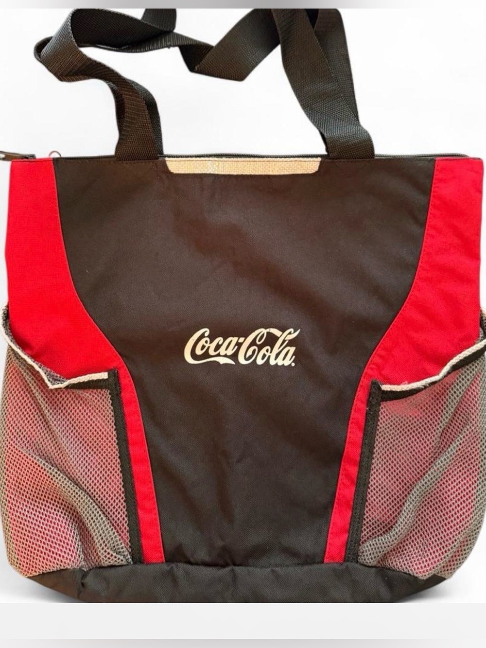 COCA-COLA nylon tote bag. Unlined with red and black color blocking.